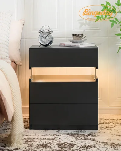 Miniatura 4 de Bingoday Juego de 2 mesitas de noche LED para dormitorio, juego de 2 mesitas de noche modernas con 3 cajones, mesa auxiliar para dormitorio