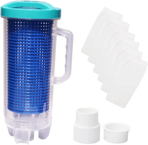 Atrapasador de hojas de piscina, recipiente grande en línea para aspiradora de piscina con 6 calcetines skimmer y cesta, compatible con limpiadores