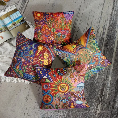 Miniatura 2 de ArtSocket Juego de 4 fundas de almohada de lino Huichol mexicano, fundas de almohada decorativas para decoración del hogar, fundas cuadradas de 16 x