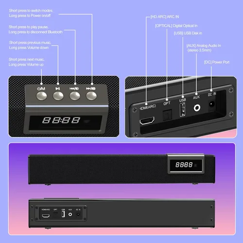 Miniatura 4 de Barra de sonido de 50 W para Smart TV, barra de sonido de 2.0 canales con conexión Bluetooth 5.4/ARC/Opt/AUX, barra de sonido para TV con 2