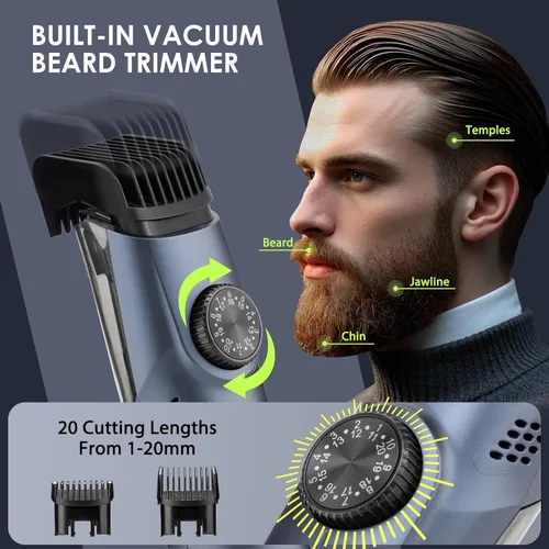 Miniatura 5 de Recortadora de barba con aspiración para hombres con 20 longitudes y estilos ajustables, recortadora con aspiración integrada para bigote, patillas