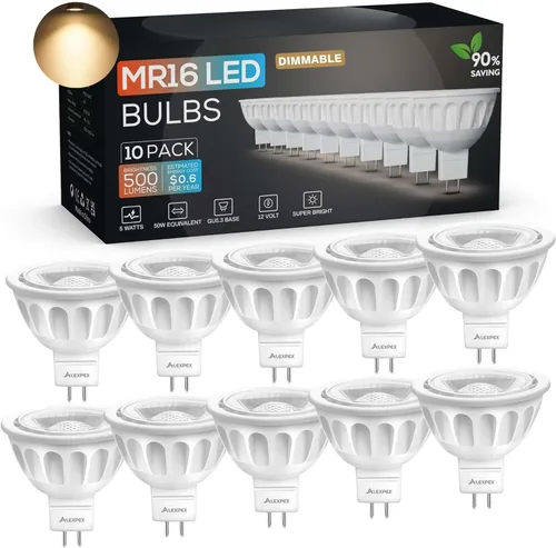 Bombillas LED MR16 regulables, 3000 K blanco cálido 500 lm súper brillante (equivalente a 50 W), 40 grados, AC/DC 12V GU5.3 bombillas base bi-pin