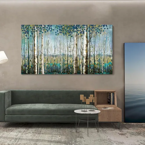 Pogusmavi Lienzo grande de abedul enmarcado para pared, pintura de la naturaleza para decoración del hogar, obra de arte verde azulado para sala de