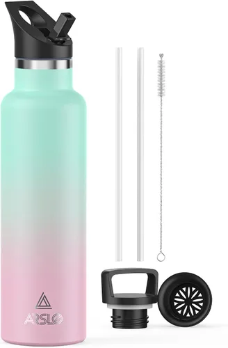 Miniatura 21 de Botellas de agua de doble pared de acero inoxidable, botella aislada al vacío con tapa con popote, botella de agua aislada mantiene el agua fría