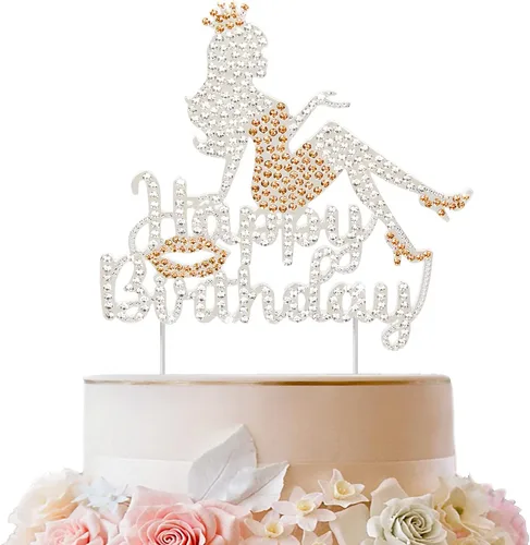 LINGTEER Decoración para tartas con diamantes de imitación de tacón alto con diseño de corona de feliz cumpleaños, decoración de centros de mesa de