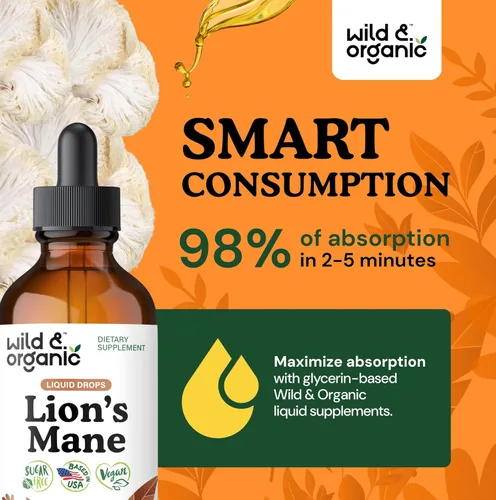 Miniatura 4 de Wild & Organic Gotas líquidas de melena de leones, apoyo para el cerebro y la concentración, suplemento de hongo melena de león - Gotas de hongo