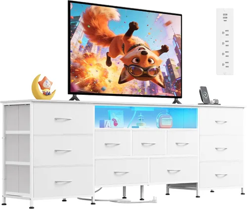 Miniatura 11 de WLIVE Soporte de TV de 75.5 pulgadas para TV de 65, 75, 80, 85 pulgadas, cómoda para dormitorio con tomas de corriente y luces LED, cómoda de tela