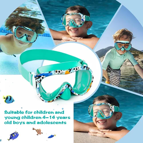 Miniatura 8 de Gafas de natación para niños con cubierta para la nariz, máscara de esnórquel panorámica de 180° con diseño antivaho y antifugas, correa de tela