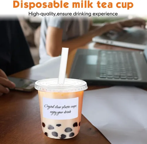 Miniatura 6 de Ziliny 25 juegos de vasos de plástico transparente con tapas, pajitas y pegatinas, vasos desechables de PET engrosado para café helado, té