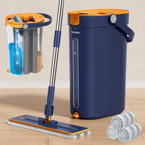 Juego de trapeador y cubo con escurridor, sistema de trapeador plano de 3 tanques y cubo, limpiador de fregona de pared con mango largo, trapeadores