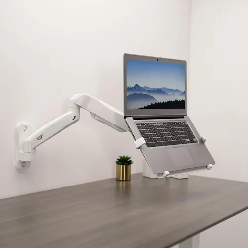 Miniatura 2 de VIVO Soporte de pared para portátil de brazo extendido neumático ajustable en altura, bandeja articulada de movimiento completo, se adapta a Blanco