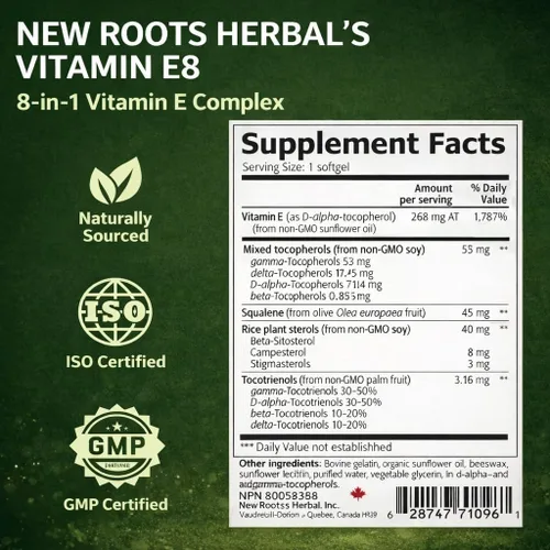 Miniatura 8 de NEW ROOTS HERBAL Cápsulas de vitamina E (400 UI), suplemento de vitamina E8 con los 8 tocoferoles y tocotrienoles para mujeres y hombres