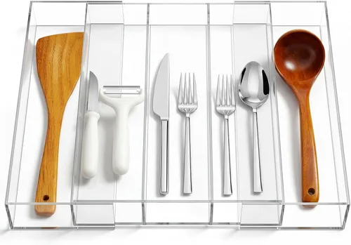 Teenyyou 1 paquete de organizador expandible para cajones de cocina, organizador de utensilios de acrílico transparente, almacenamiento de cubiertos