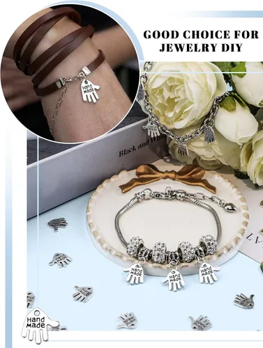 Miniatura 5 de JIALEEY 100 dijes en forma de mano hechos a mano, letreros tallados en tono plateado para hacer joyas de moda, hallazgos, manualidades, costura