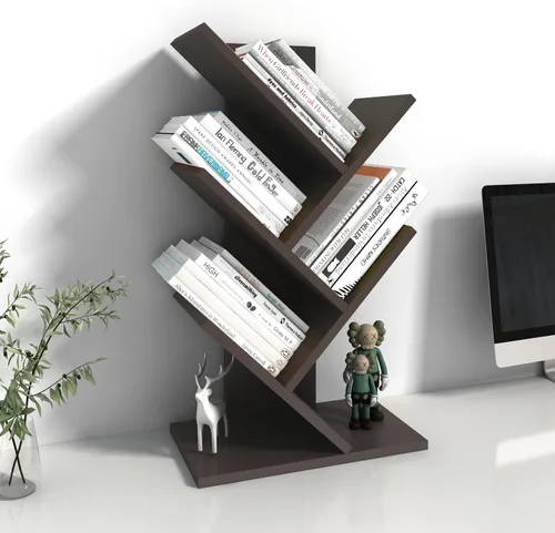 Miniatura 16 de Godferyxin Estantería de árbol, estantería pequeña de madera de 3 niveles y mini estantería para oficina, hogar o escuela, estante de escritorio