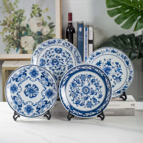Miniatura 5 de Platos decorativos de porcelana azul y blanca de 10.2 in con patrón floral oriental para manualidades de cerámica para adornos, 1 plato con 1 CP003