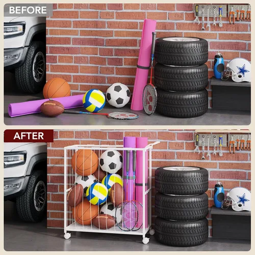 Miniatura 7 de Homsorout Cesta de almacenamiento de bolas, carrito de pelotas deportivas rodantes, organizador de garaje de metal, almacenamiento de canasta