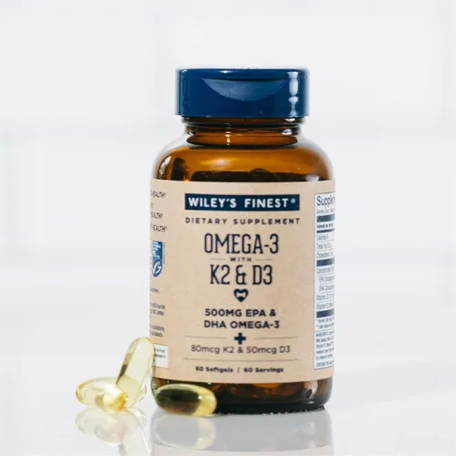 Miniatura 5 de Wiley's Finest Wild Alaskan Fish Oil Vitamina K2 y D3 cápsulas blandas – 500 mg de omega-3 EPA y DHA para apoyo a la salud ósea y cardíaca – 60
