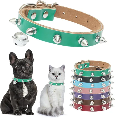 Miniatura 12 de BINGPET Collar de piel con clavos para gatos con campanas, collar de perro tachonado con hebilla, collares góticos suaves para gatitos con púas
