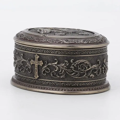 Miniatura 8 de Veronese Design 2 1/2 pulgadas de alto, mano orante, forma ovalada, caja de baratija, escultura de resina bronceada, escultura religiosa