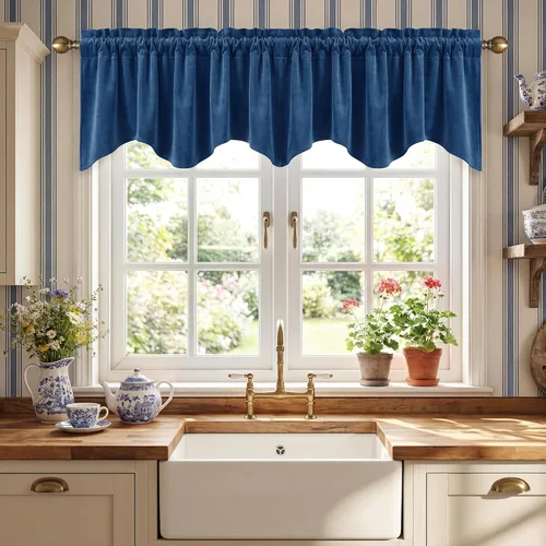 StangH Cortinas decorativas de lujo, cenefa azul con bloqueo de luz, cenefa festoneada para ventana pequeña con bolsillo sólido para barra, cortina
