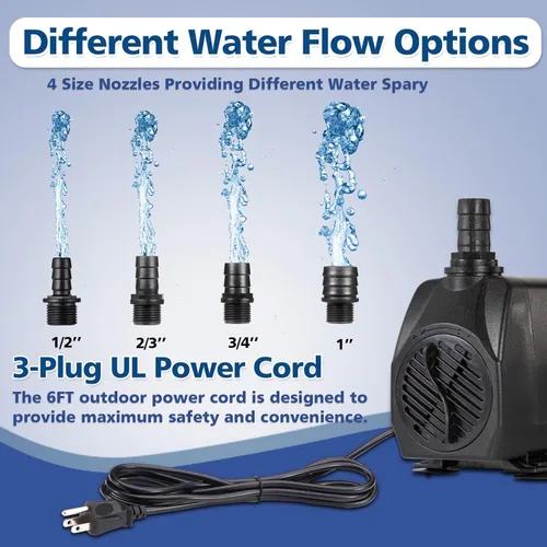 Miniatura 3 de Bomba de agua sumergible de 800 GPH (3000 L/H 60 W), bomba de fuente ajustable ultra silenciosa con 4 boquillas de elevación de 10 pies de alto
