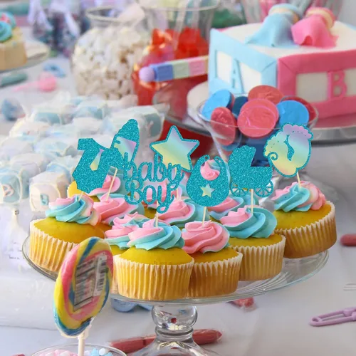 Miniatura 5 de Gyufise 28 piezas de decoración para cupcakes para baby shower de niño, estrella con purpurina azul, con estampado de pezón para bebé, niño, Oro