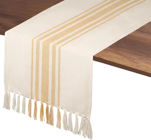 Miniatura 14 de Native Fab Camino de mesa verde azulado de 72 pulgadas de largo – Fundas de mesa bohemias a rayas con flecos – 100% algodón, tejido apretado, mantel