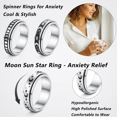 Miniatura 3 de CASSIECA Anillos giratorios de acero inoxidable para mujeres y hombres anillos giratorios de flores luna estrella anillos de ansiedad frescos