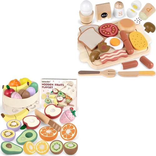 Airlab Alimento de juguete de madera para niños pequeños 3-5 Desayuno Playset y juego de madera Cortar frutas juguete comida