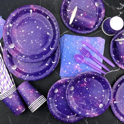 Miniatura 3 de Suministros de fiesta de galaxia, incluye telón de fondo de cumpleaños de galaxia espacial, platos, servilletas, vasos, mantel, globos, globos