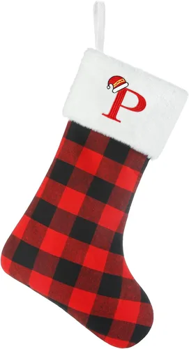 Miniatura 16 de Senneny - Medias de Navidad con iniciales, 20" grandes rojas y negras a cuadros de búfalo, monograma, medias de Navidad con puño de felpa blanca