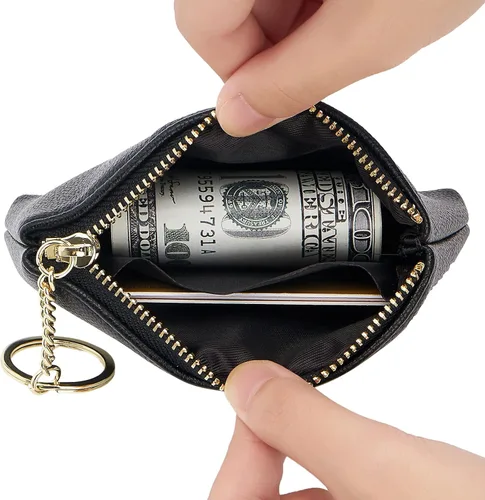 Miniatura 4 de Monedero de cuero artificial con cierre de llavero para hombres y mujeres, a negro, Monedero