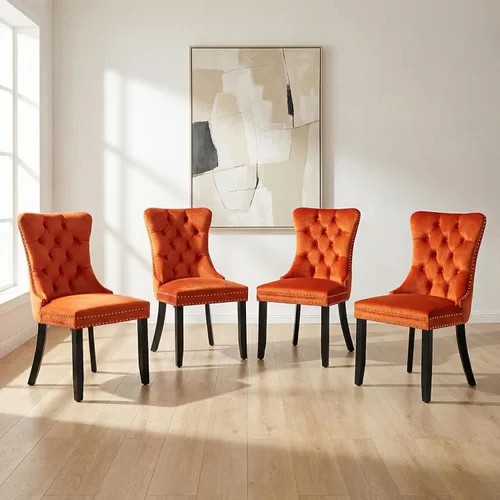Miniatura 162 de OVENTA Juego de 4 sillas de comedor modernas tapizadas copetudas, terciopelo negro y gris y cuero con patas de madera maciza, sillas de cocina