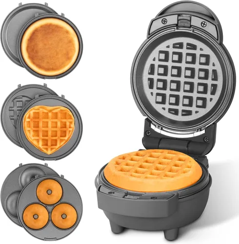 Miniatura 7 de Baker's Friend Mini waflera 4 en 1 con platos extraíbles, el juego incluye mini panqueques, rosquillas, wafleras en forma de corazón
