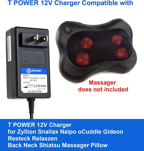 Miniatura 6 de T POWER Cargador de 12 V para Zyllion Snailax Naipo oCuddle Gideon Resteck Relaxzen TruMedic Back Neck Shiatsu masajeador almohada ZMA-25, ZMA-19