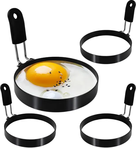 Miniatura 12 de Anillos para huevos de 3.5 pulgadas con mango de silicona, anillos de cocina para huevos de acero inoxidable, antiadherentes, para freír huevos