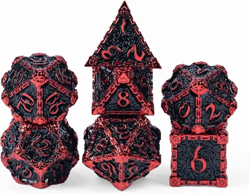 Cusdie 7 dados de metal con caja de metal, juego de dados poliédricos DND con diseño de daga, para juegos de rol, dados D&D (negro con fuente roja)
