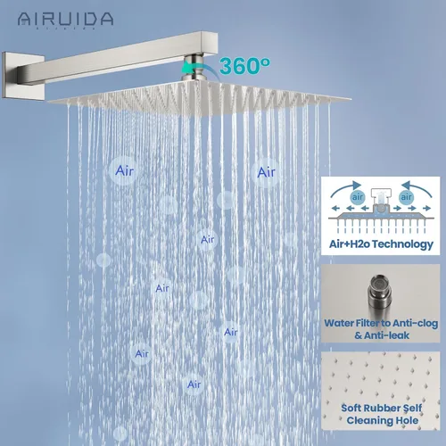 Miniatura 5 de Airuida Juego de grifo de ducha para baño, sistema de ducha de lluvia de acero inoxidable SUS304, mango único con roscas macho, válvula de Níquel