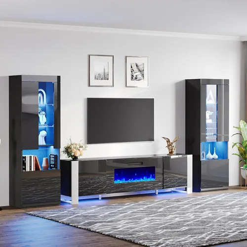 Miniatura 6 de AMERLIFE Moderno soporte de TV con chimenea de 70 pulgadas con chimenea eléctrica de 36 pulgadas y 2 estanterías LED de almacenamiento grandes, Todo