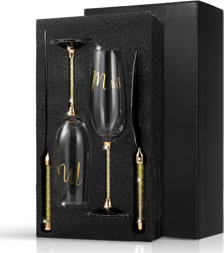 Boao Juego de 4 cuchillos para tartas de boda y copas de champán para servir de señor y señora para tostar, juego de corte de pastel de cristal con