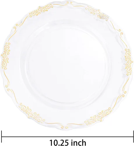 Miniatura 6 de DaYammi 60 piezas de platos de plástico transparente dorado elegantes platos desechables transparentes resistentes premium de 10.25 pulgadas