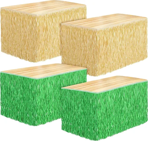 Miniatura 16 de Fovths 1 paquete de falda de mesa de hierba Luau con flecos de papel, falda de paja oscura de 108 x 30 pulgadas, faldas de mesa hawaianas