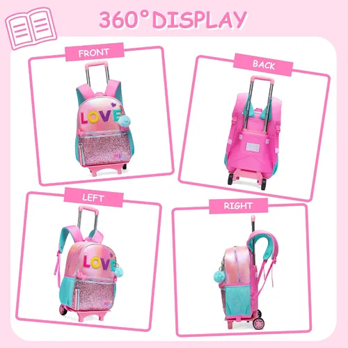 Miniatura 11 de Mochila con ruedas para niñas, mochila escolar con ruedas, bolsa escolar con bolsa de almuerzo y bolsa para lápices, mochila con ruedas para niños