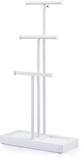 Love-KANKEI Soporte para árbol de joyería, base de metal blanco y madera, organizador de joyas grande para collares, pulseras, aretes, organizador