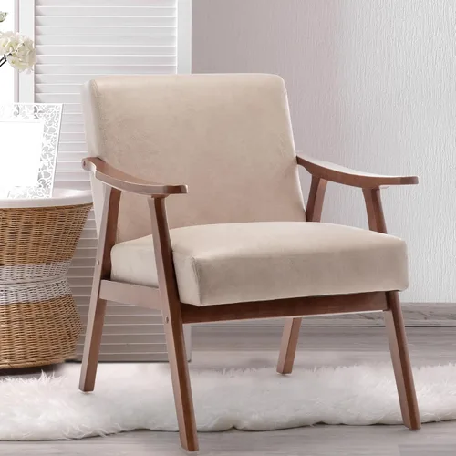 Furnimart Silla decorativa beige, silla moderna de mitad de siglo para sala de estar con estructura de madera, silla de alas cómoda para oficina,