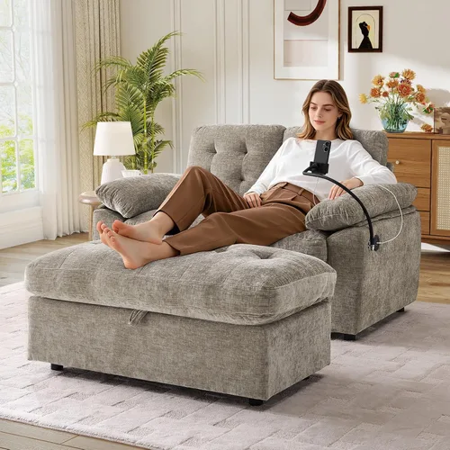 Miniatura 24 de Chaise Lounge Chair para interiores con puerto USB y soporte para teléfono, sillón reclinable pequeño de felpilla con otomana de almacenamiento