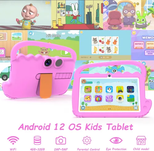 Miniatura 6 de Tablet para niños de 7 pulgadas para niñas y niños, tabletas Android 12 para niños con 4 GB RAM 32 GB ROM, tableta para niños pequeños con WiFi, Rosa