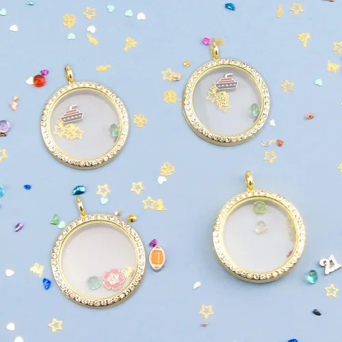 Miniatura 4 de WANDIC Abalorios de fotos con diamantes de imitación, 4 piezas de oro redondo de memoria, colgante de ramo de boda nupcial para foto o decoración
