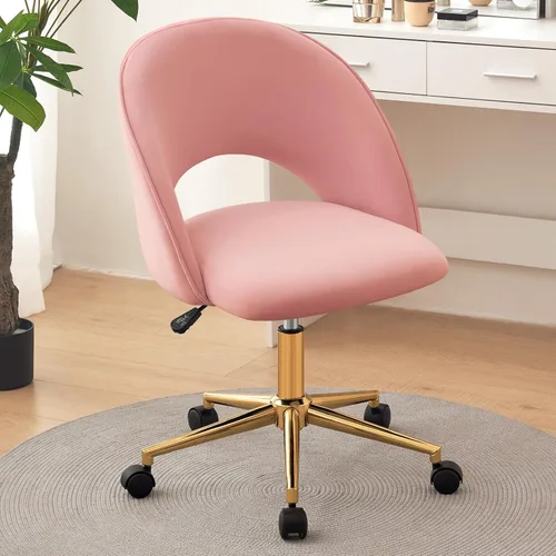 Furniliving Silla de Tocador Rosa, Bonitas Sillas de Escritorio para Niñas con Respaldo, Silla de Acento Tapizada con Ruedas para Sala de Terciopelo